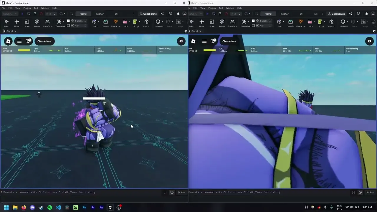A split-screen Roblox Studio test showing a purple stand in blocking and parrying poses.