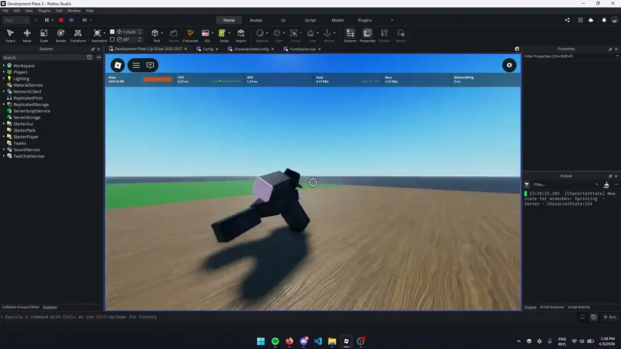 A Roblox avatar running across a wooden platform during a movement playtest in Roblox Studio.