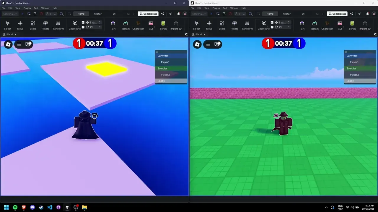 A split-screen Roblox test showing survivor and zombie players during a timed team round.