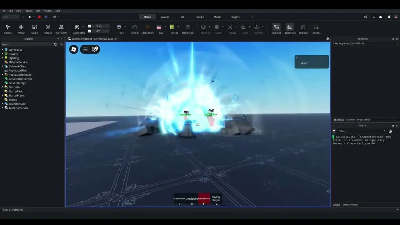 A bright blue energy blast exploding around several training targets in a Roblox Studio playtest.