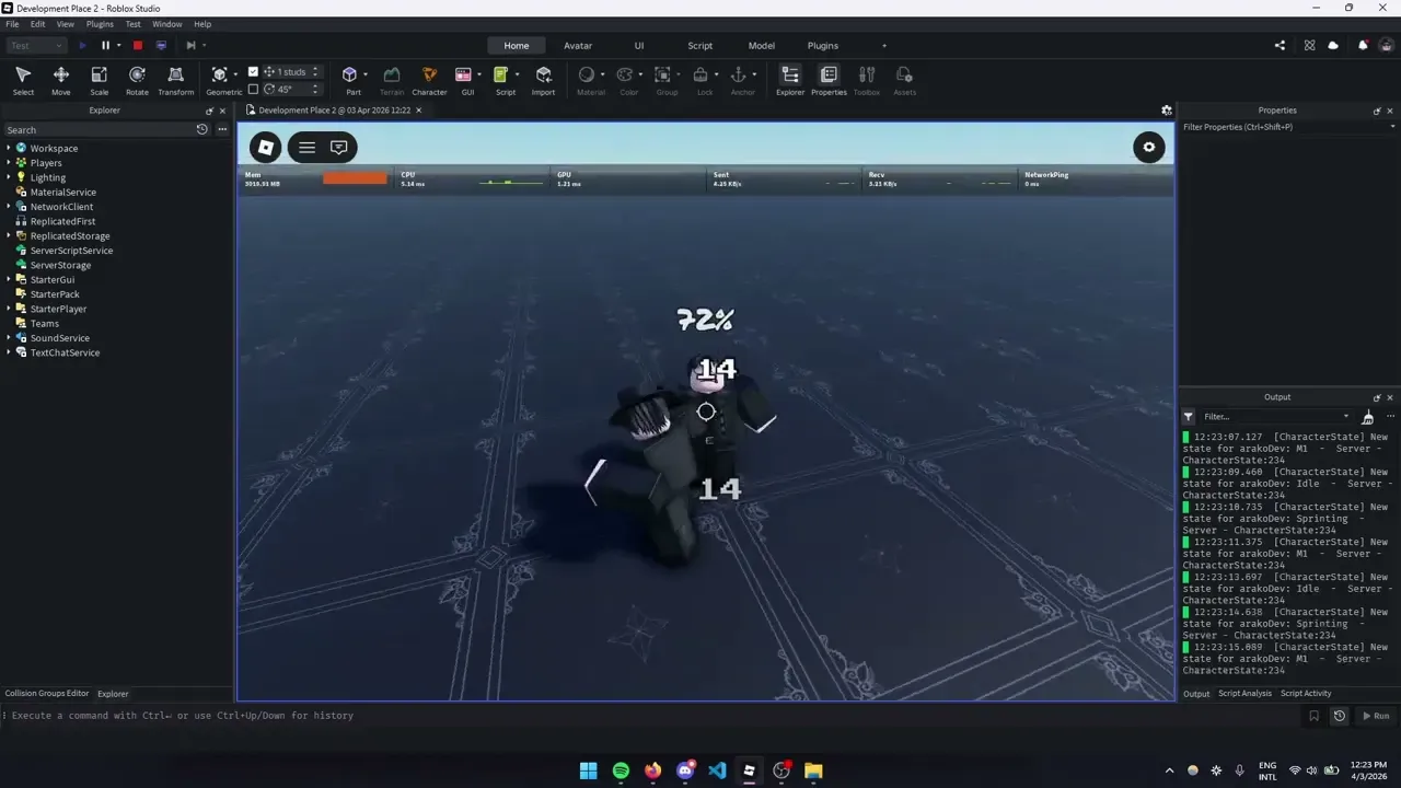 Two Roblox characters fighting on a dark patterned arena with damage numbers above the target.