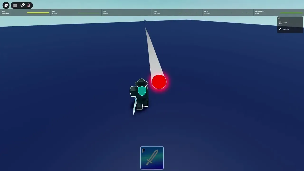 A Roblox avatar beside a glowing red ball with a white trajectory trail and shield indicator.