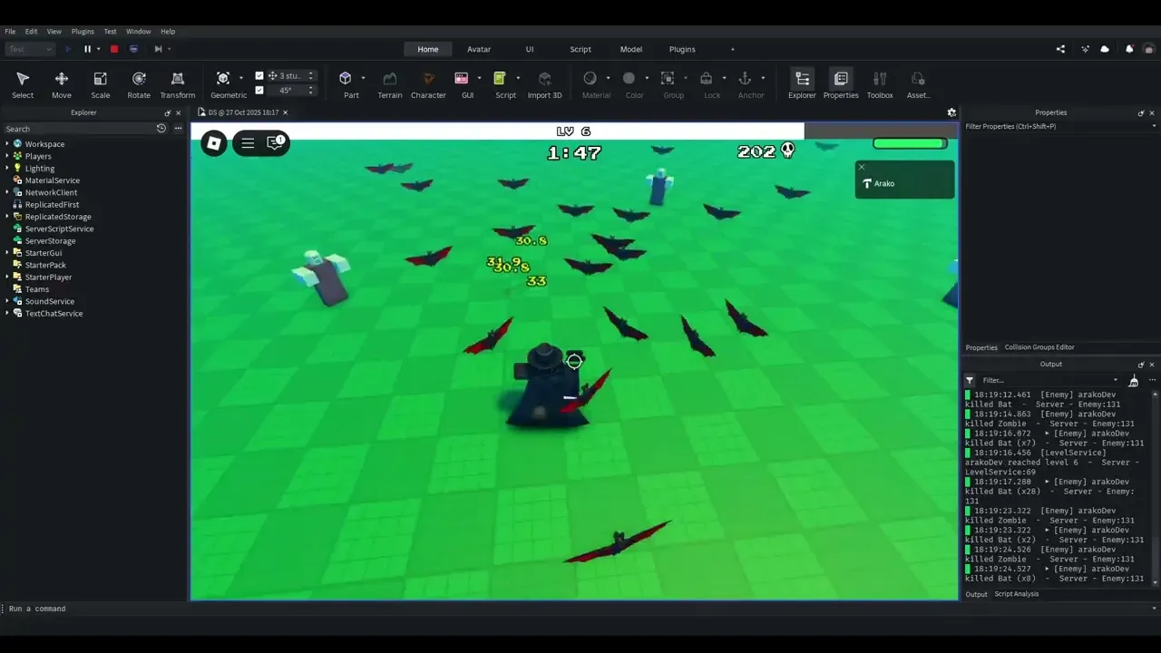 A Roblox avatar surrounded by enemies and red projectiles with a timer, level, and defeat counter.