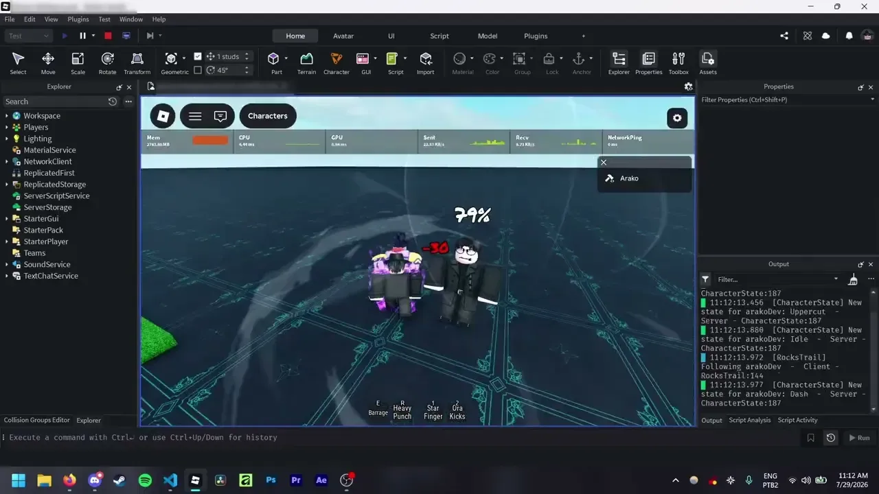 Two Roblox avatars fighting while a summoned stand launches an uppercut in a Studio playtest.