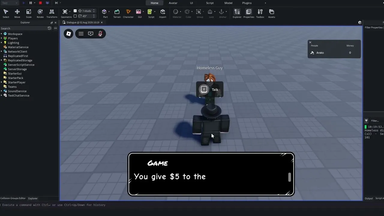 A Roblox Studio playtest showing the MrDialogue interface during a conversation with an NPC.
