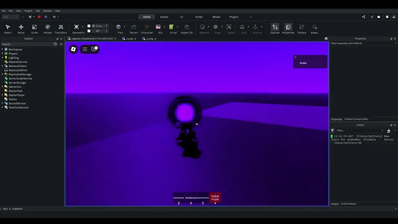 A Roblox avatar holding a dark purple energy sphere in a purple-lit Studio playtest.