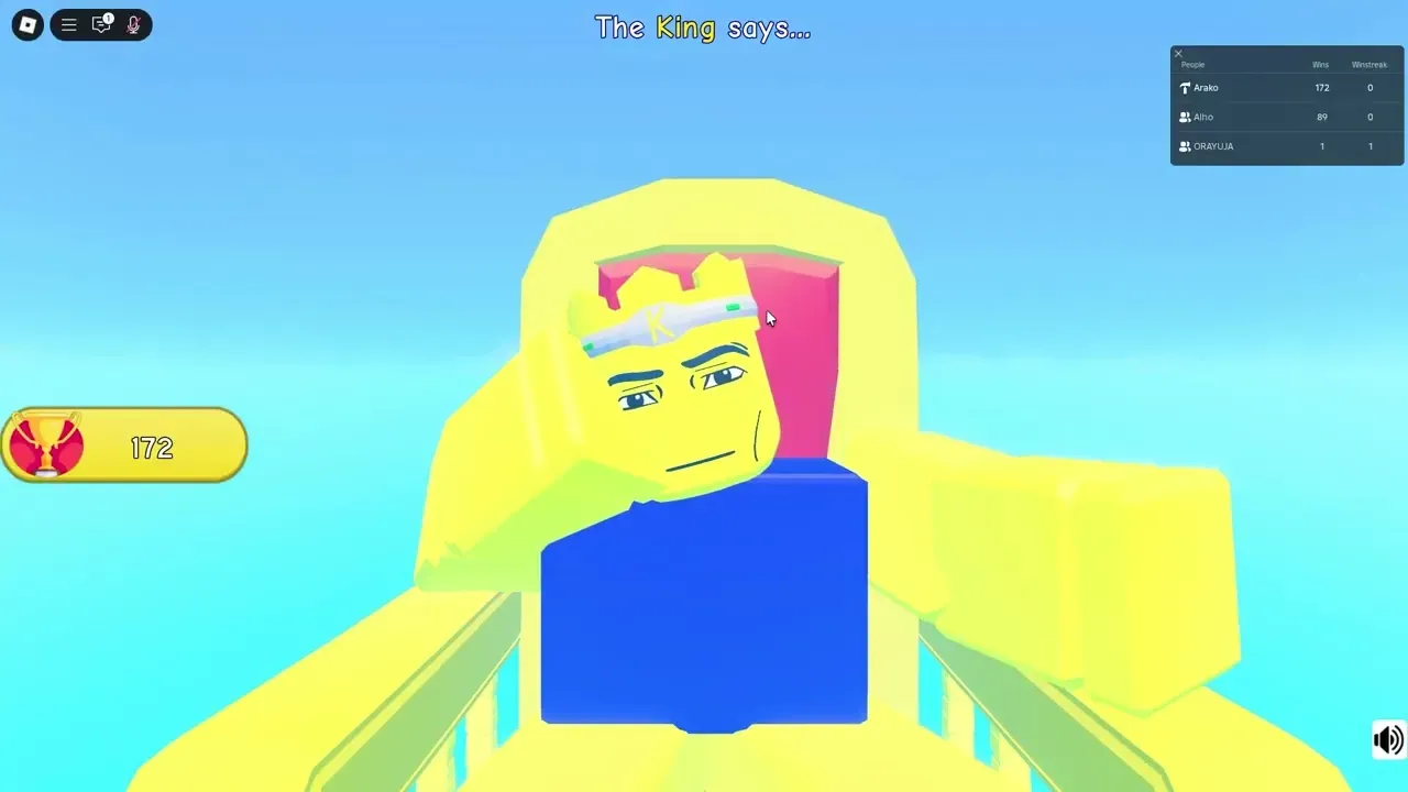 A large golden Roblox king addressing players with win totals shown on the game interface.