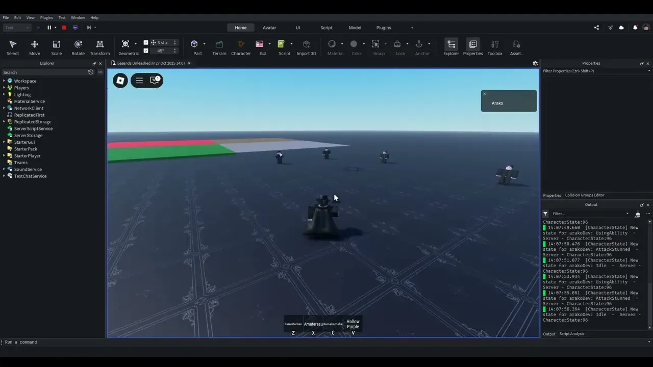 A Roblox avatar facing several training targets with Rasenshuriken selected on the ability hotbar.
