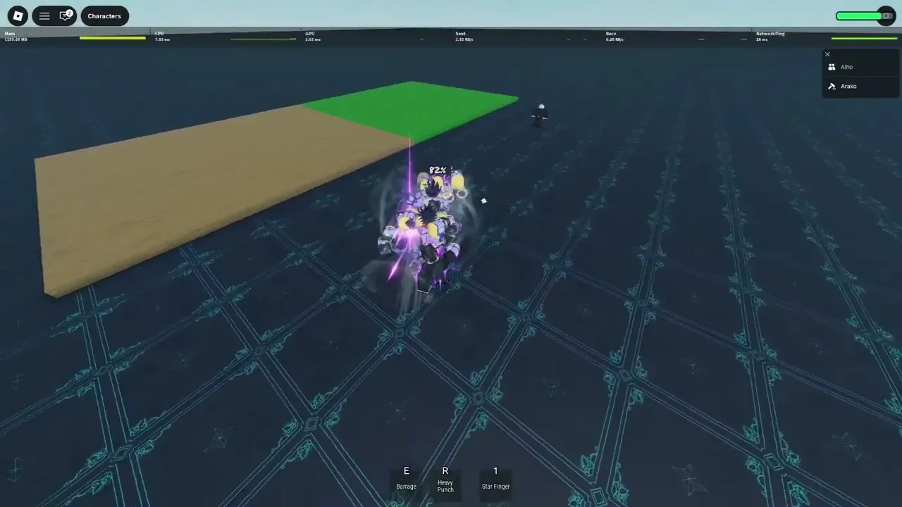 A summoned stand rapidly striking an opponent on a dark patterned Roblox arena.