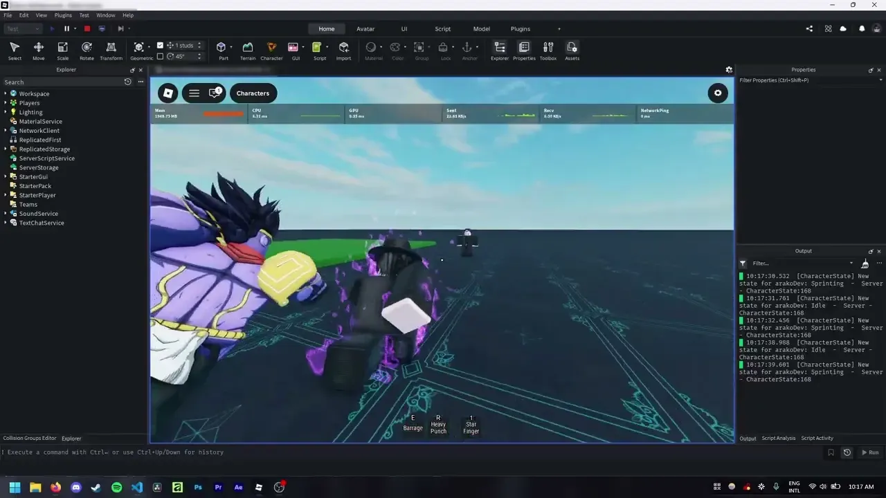 A purple summoned stand beside a Roblox avatar during a combat playtest in Roblox Studio.